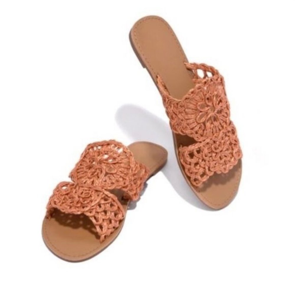 !! NEW !! Woven Raffia Slide Sandals in Deep Coral - Picture 4 of 7